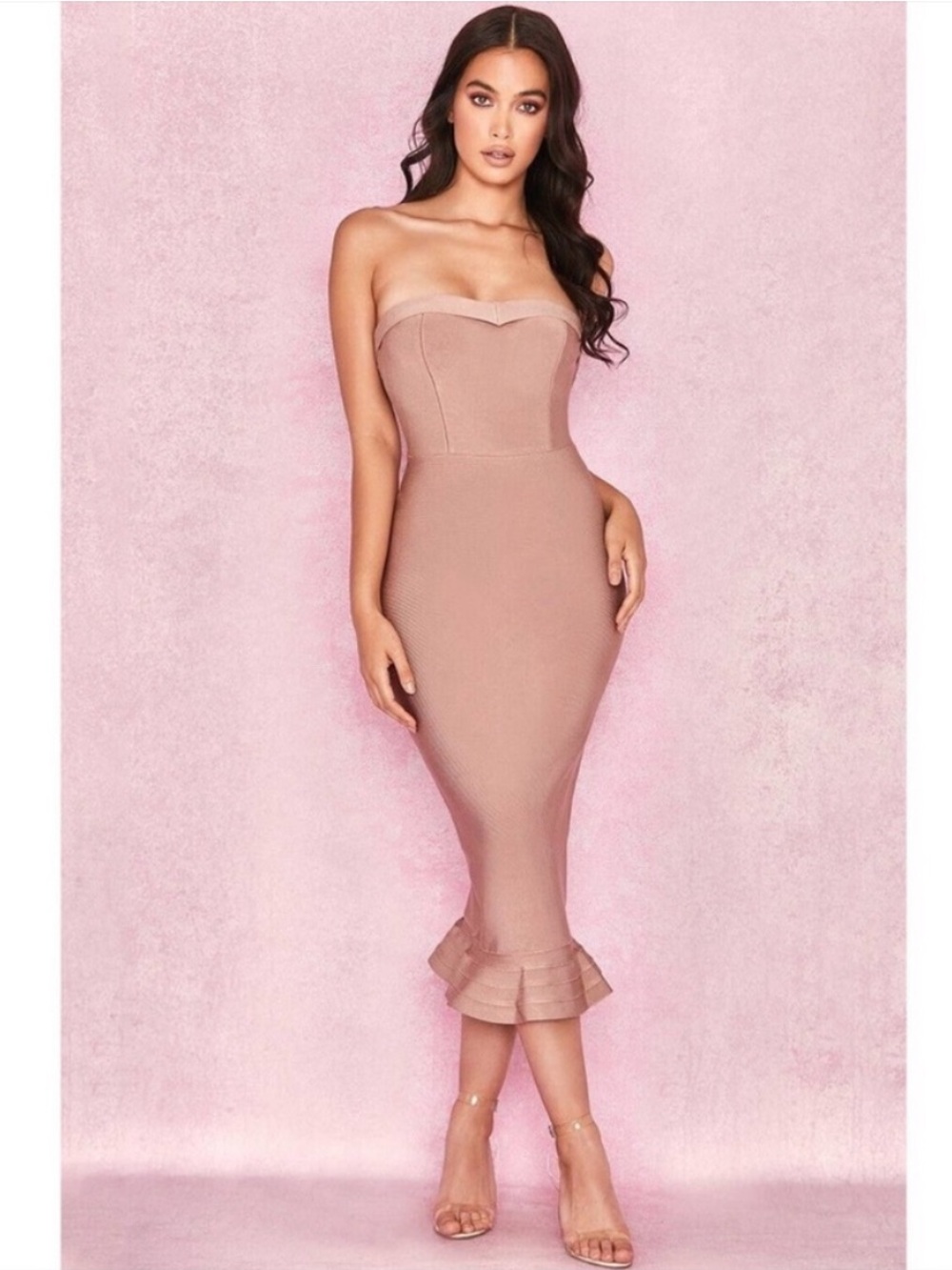 HOUSE OF CB Fabrizia Pink Blush Bandage Strapless Fluted Hem Dress Midi Medium - Picture 9 of 9